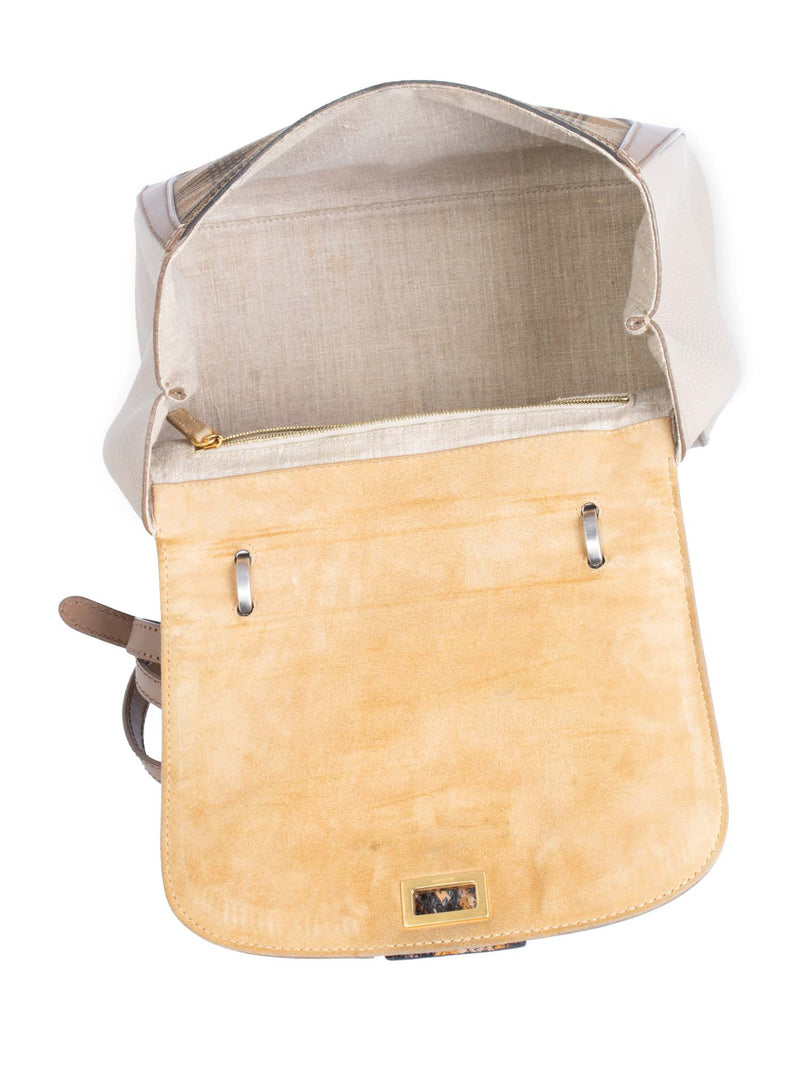 Fendi FF Logo Leather Python Top Handle Flap Bag Brown Gold Silver