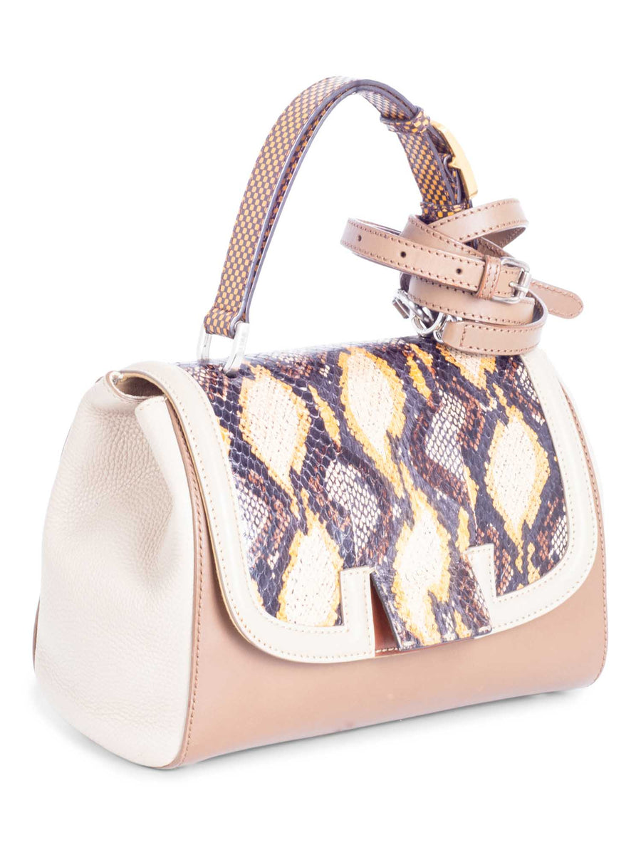 Fendi FF Logo Leather Python Top Handle Flap Bag Brown Gold