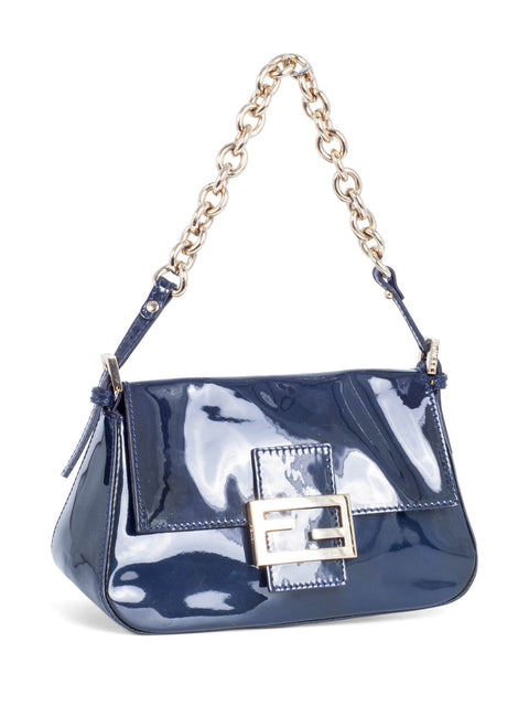 Fendi FF Logo Patent Leather Mini Flap Bag Navy Blue-designer resale
