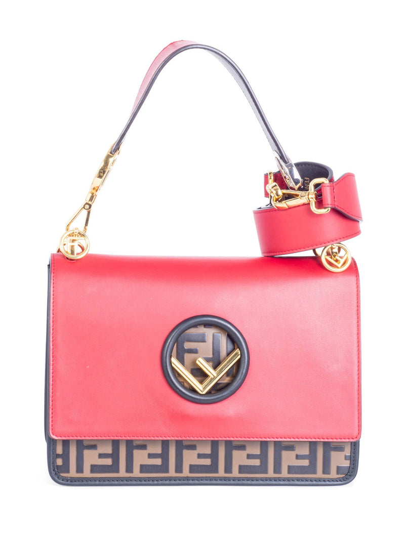 Fendi FF Zucca Leather Flap Messenger Bag Brown Red-designer resale