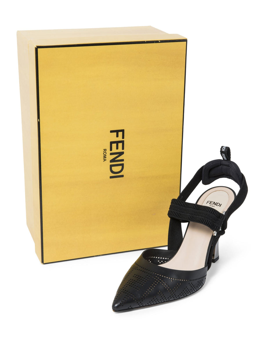 FENDI Heel Sandal Zucca 35 1/2 フェンディ Fendi FF Zucca Leather Perforated Heels Black