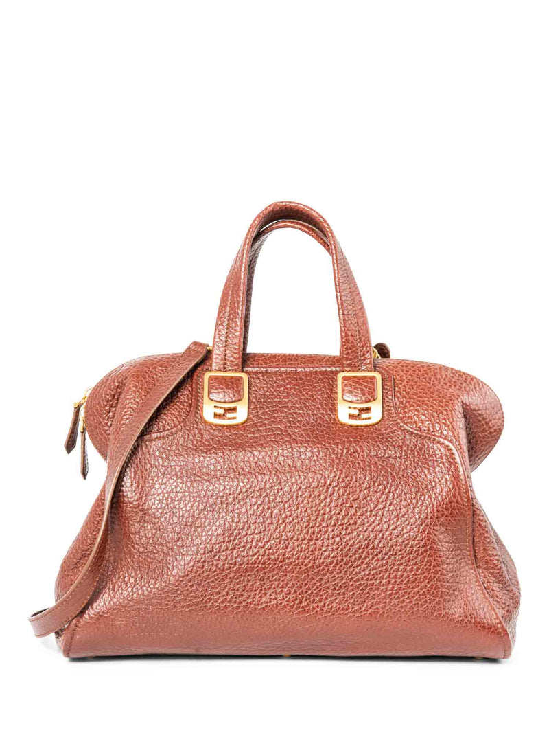 Fendi Logo Leather Top Handle Shopper Bag Brown Gold-designer resale