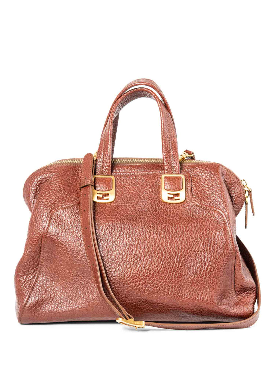 Fendi Logo Leather Top Handle Shopper Bag Brown Gold