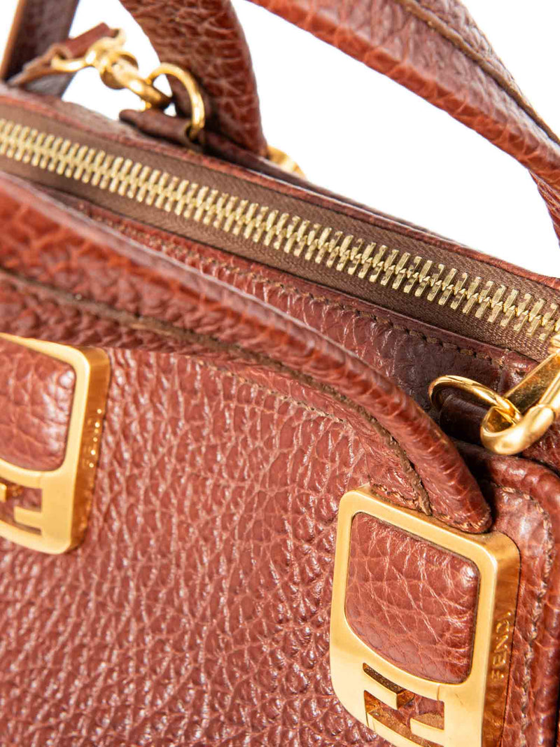 Fendi Logo Leather Top Handle Shopper Bag Brown Gold-designer resale