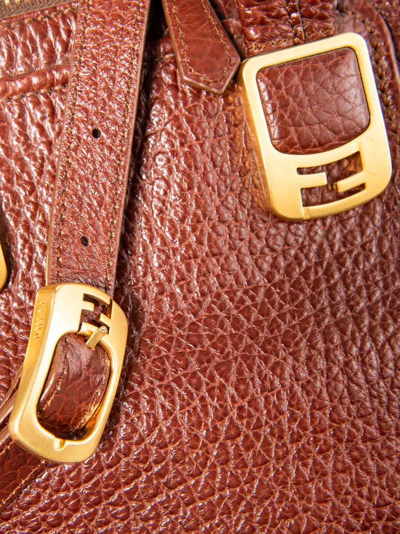 Fendi Logo Leather Top Handle Shopper Bag Brown Gold-designer resale