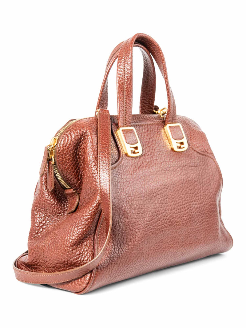 Fendi Logo Leather Top Handle Shopper Bag Brown Gold-designer resale