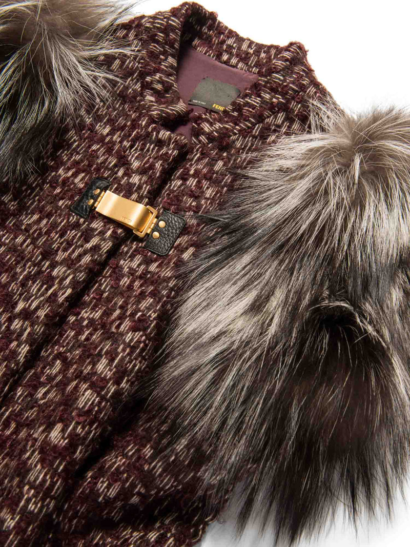 Fendi Logo Tweed Fox Fur Knitted Vest Burgundy Brown Cream-designer resale