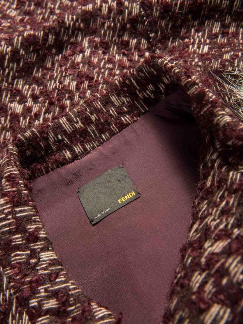 Fendi Logo Tweed Fox Fur Knitted Vest Burgundy Brown Cream-designer resale