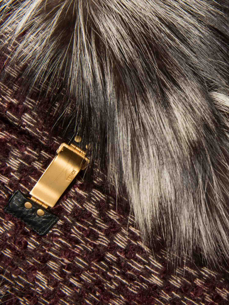 Fendi Logo Tweed Fox Fur Knitted Vest Burgundy Brown Cream-designer resale
