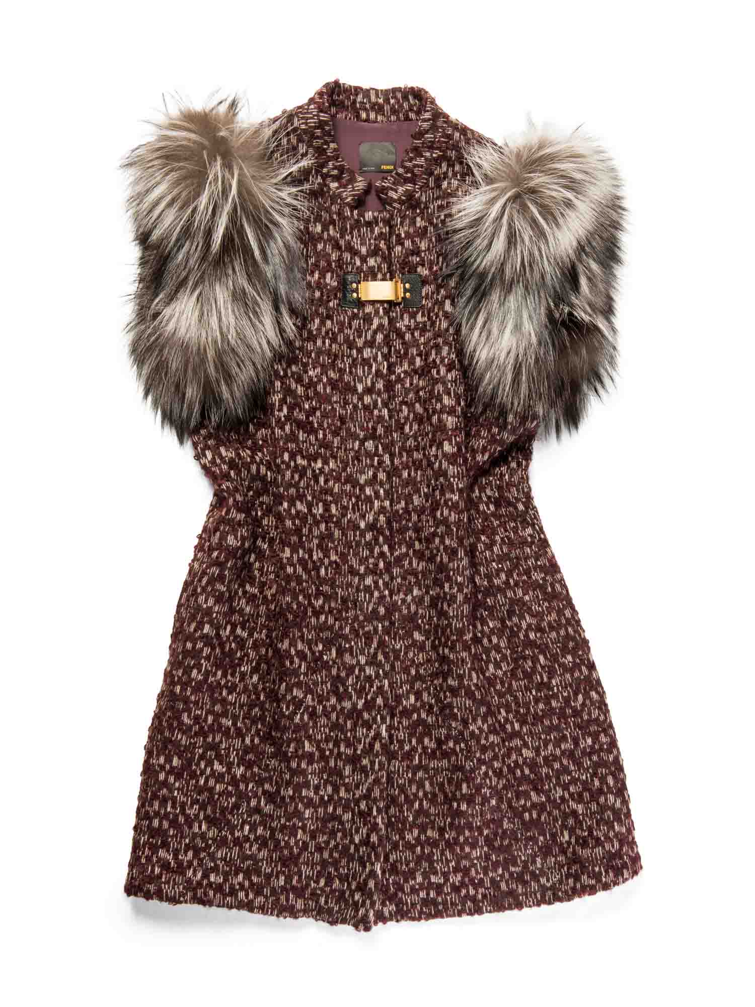 Fendi Logo Tweed Fox Fur Knitted Vest Burgundy Brown Cream-designer resale