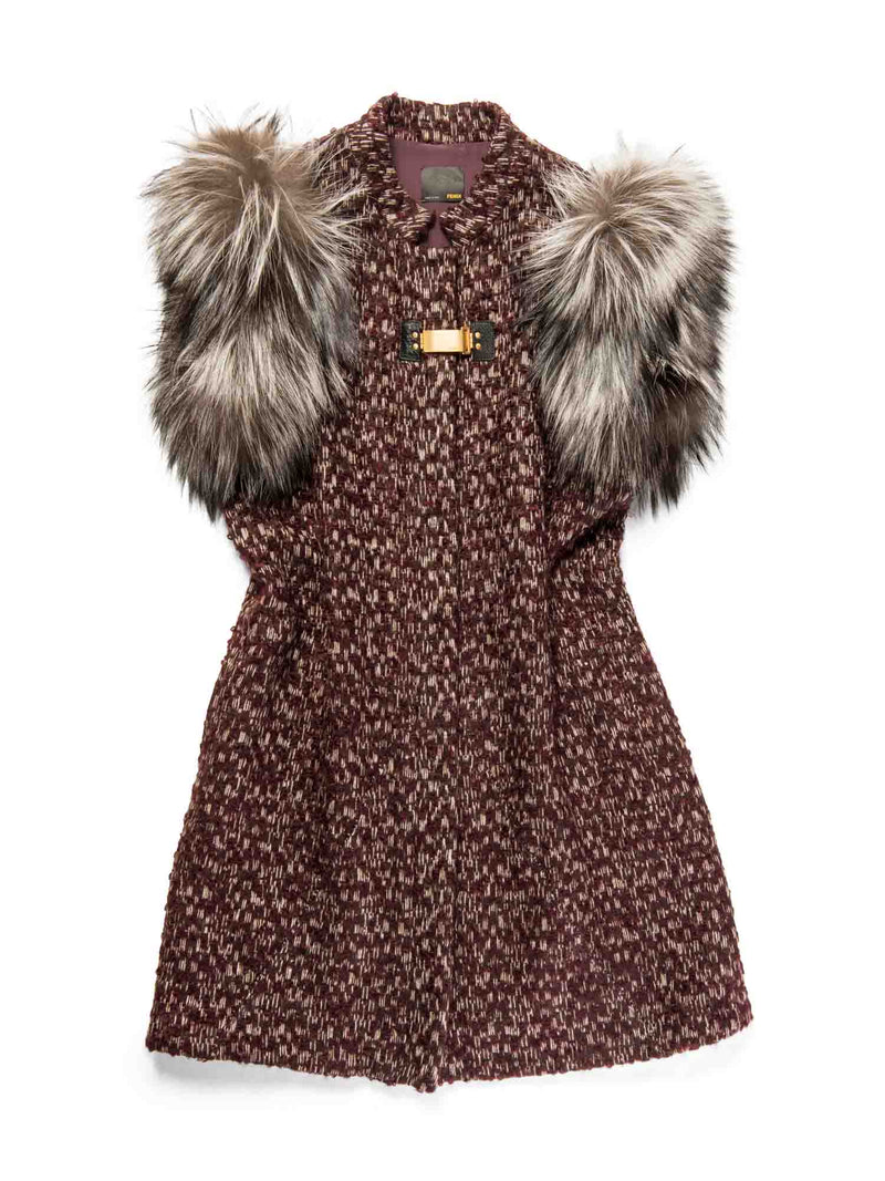 Fendi Logo Tweed Fox Fur Knitted Vest Burgundy Brown Cream-designer resale