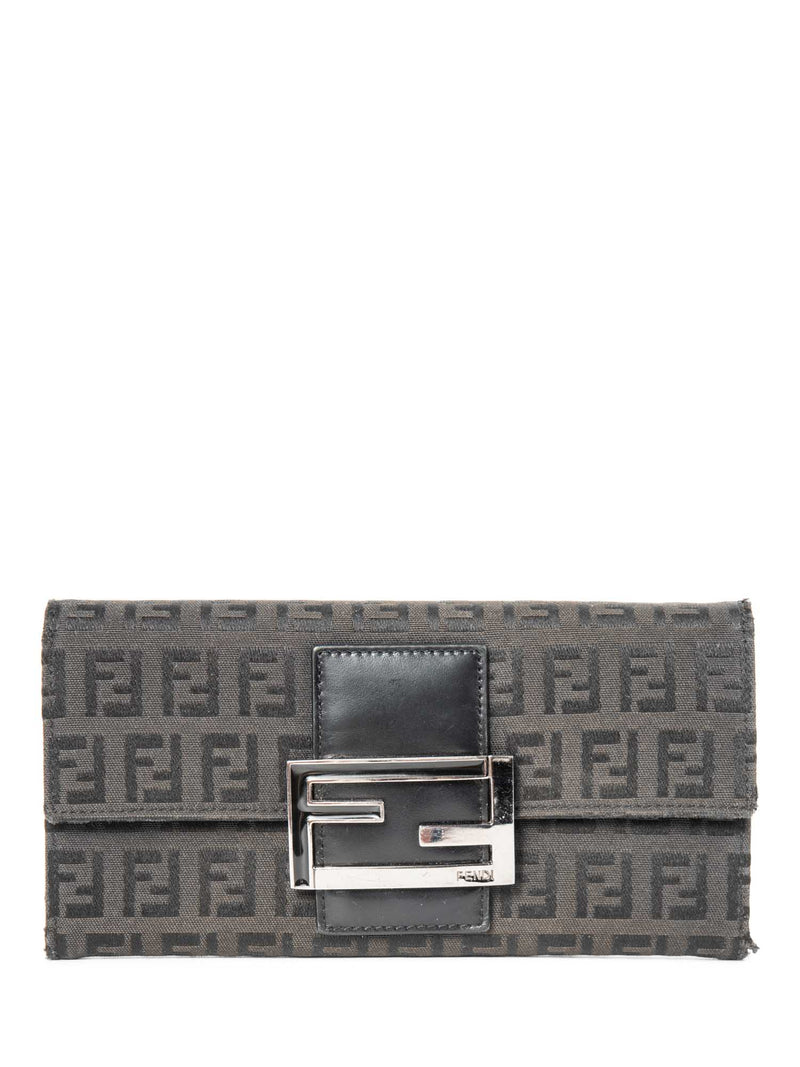 Fendi Logo Zucca Leather Buckle Wallet Black Silver-designer resale
