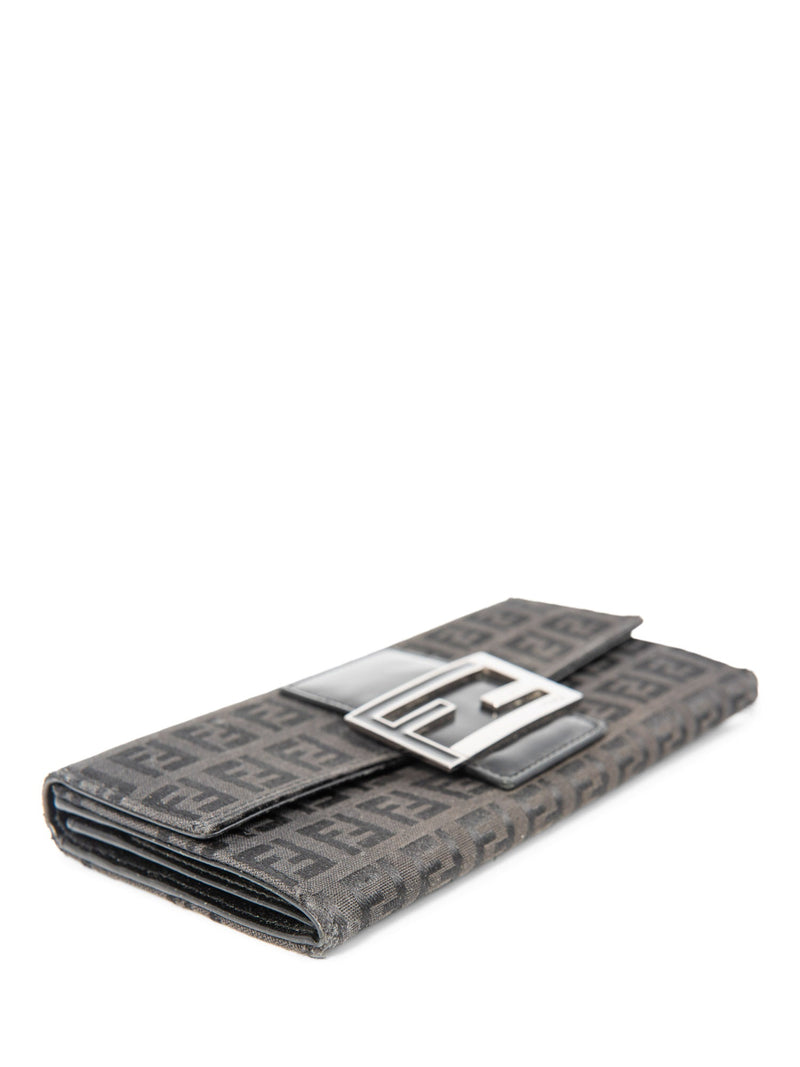 Fendi Logo Zucca Leather Buckle Wallet Black Silver-designer resale