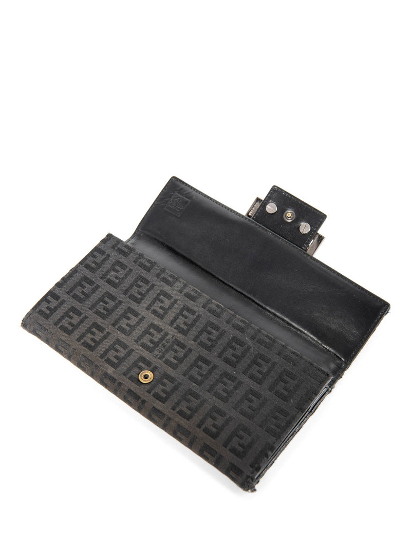 Fendi Logo Zucca Leather Buckle Wallet Black Silver-designer resale