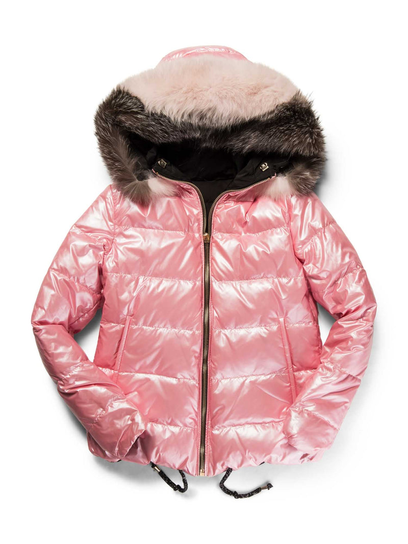 Gorski Reversible Fur Hooded Down Puffer Jacket Black Pink