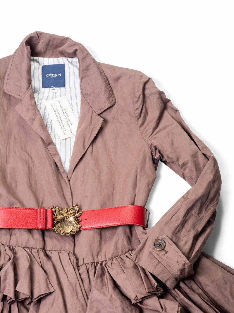 Gryphon Runway Belted Ruffle Rain Coat Brown Red-designer resale
