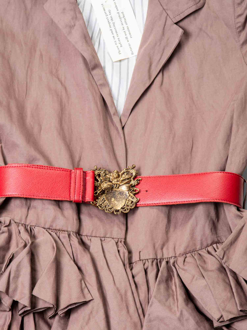 Gryphon Runway Belted Ruffle Rain Coat Brown Red-designer resale