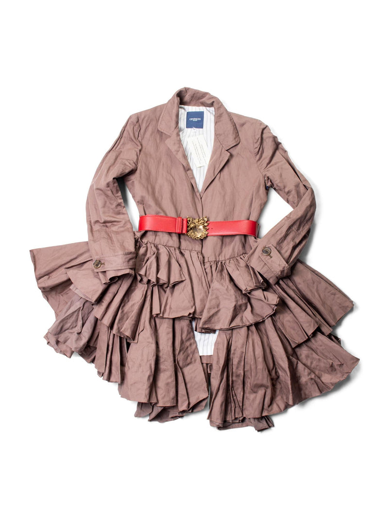Gryphon Runway Belted Ruffle Rain Coat Brown Red-designer resale