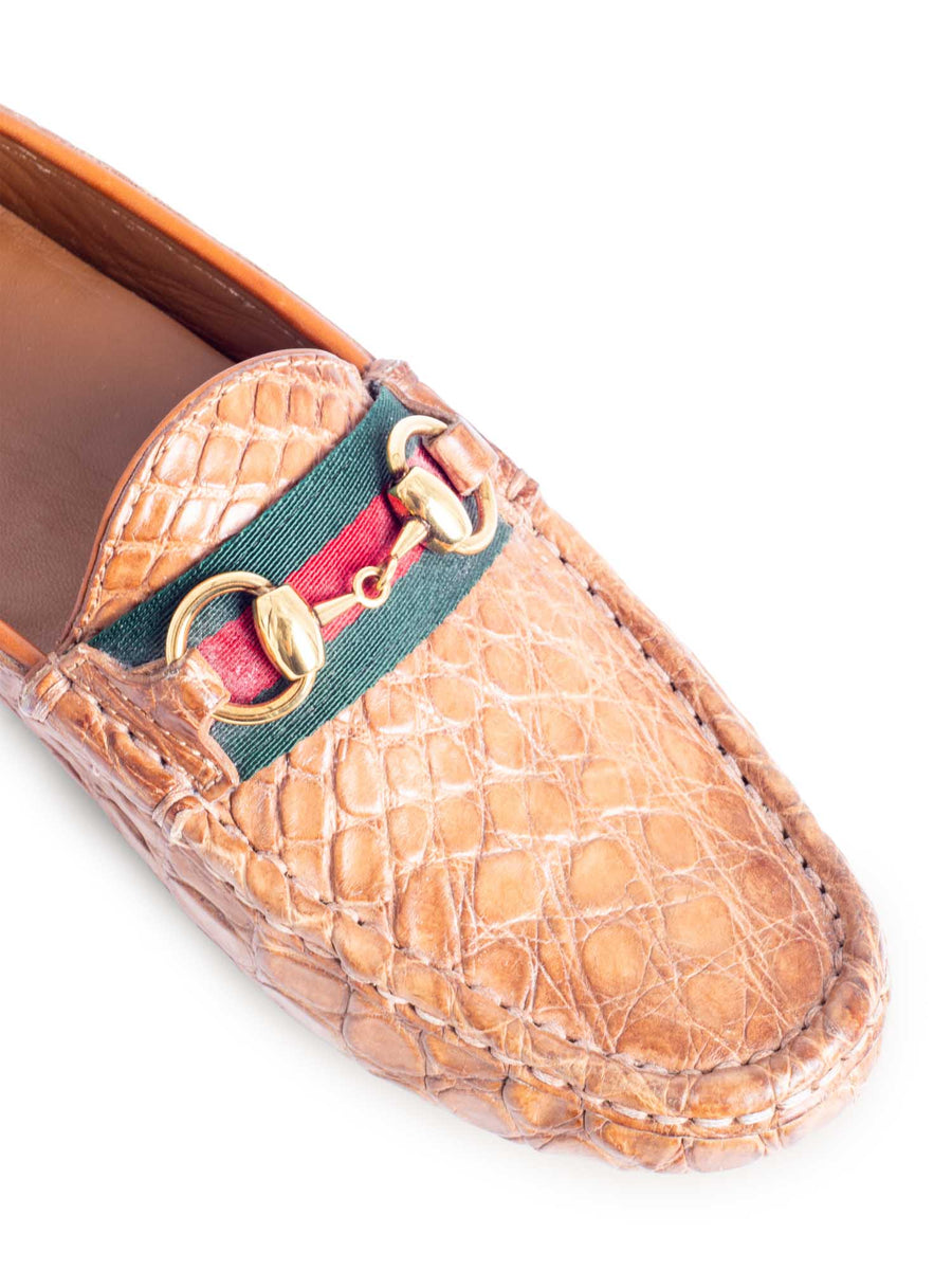Gucci Alligator Web Stripe Horsebit Loafers Brown display picture 2
