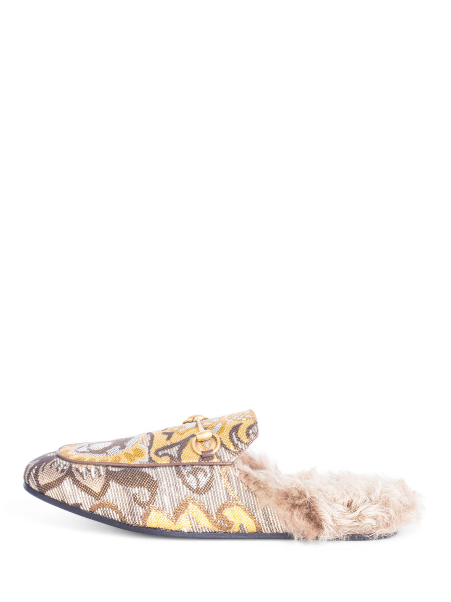 Gucci Brocade Horsebit Buckle Fur Lined Slip On Loafers Beige