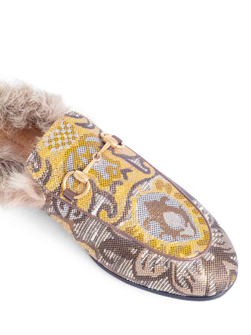 Gucci Brocade Horsebit Buckle Fur Lined Slip On Loafers Beige Multicolor-designer resale