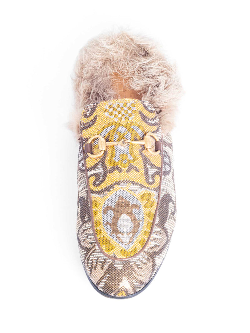 Gucci Brocade Horsebit Buckle Fur Lined Slip On Loafers Beige Multicolor-designer resale
