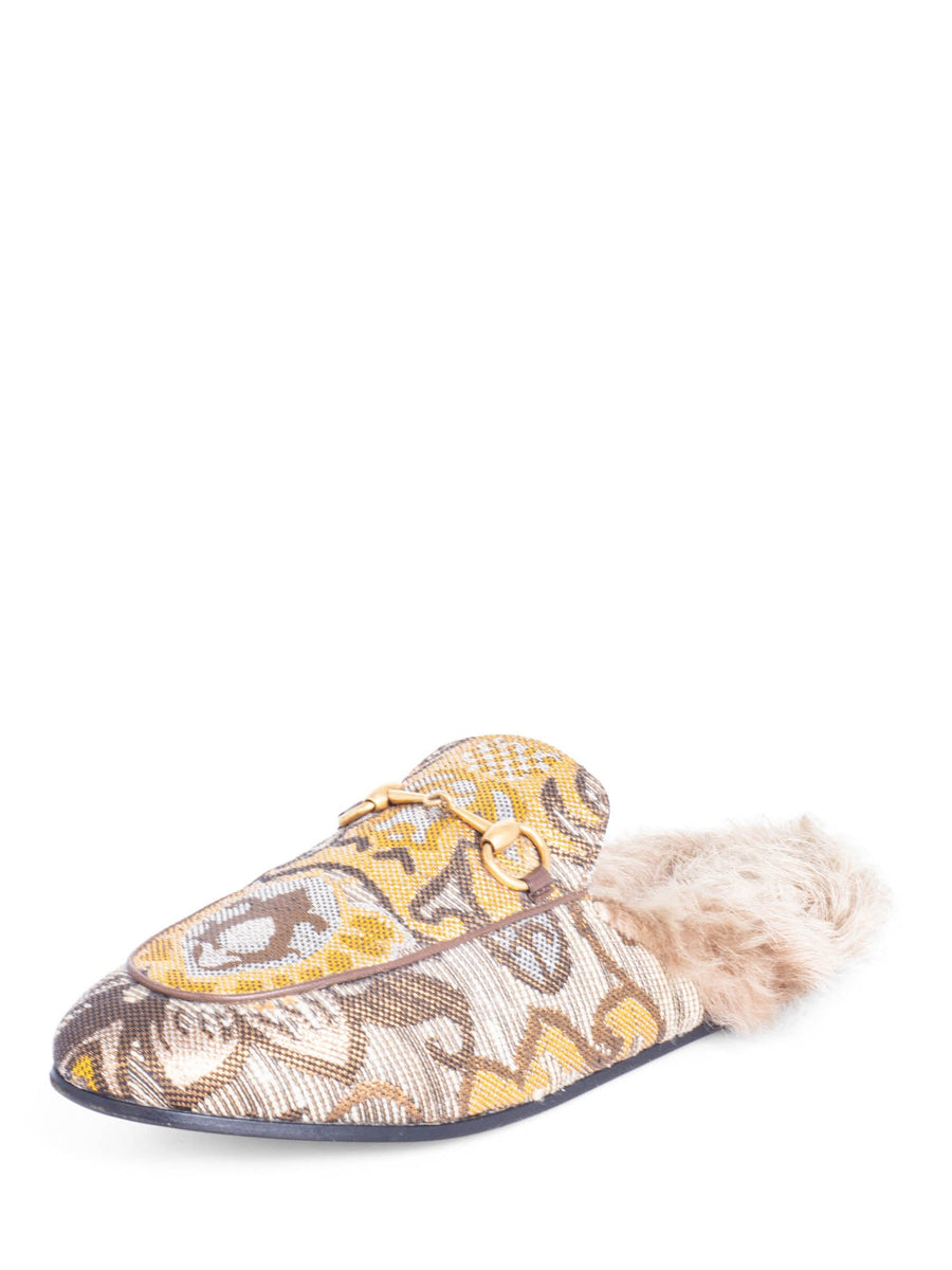 Gucci Brocade Horsebit Buckle Fur Lined Slip On Loafers Beige
