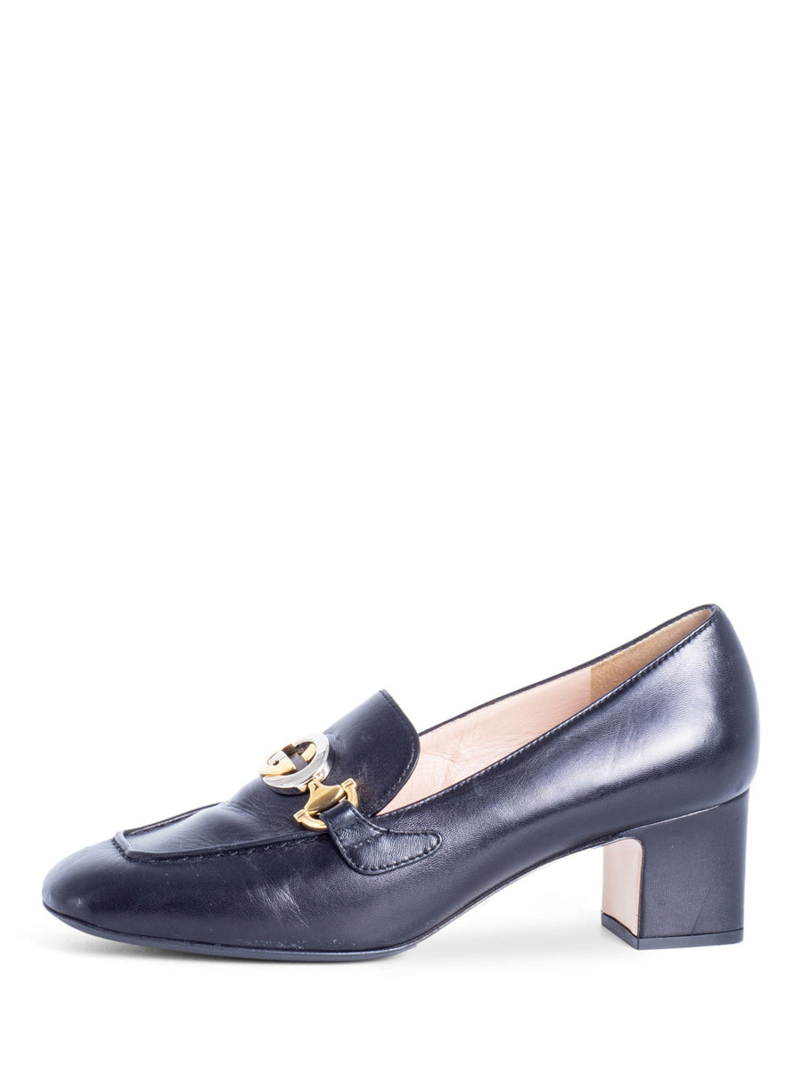 Gucci GG Logo Buckle Leather Block Heel Oxford Shoes Black