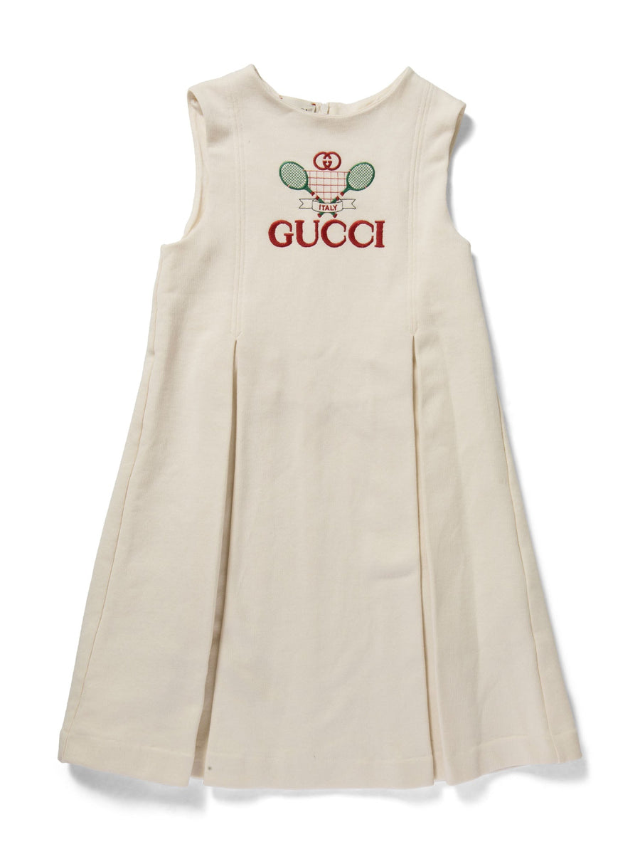 Gucci GG Logo Embroidered Pleated Mini Dress Ivory Gucci GG Logo Embroidered Pleated Mini Dress Ivory