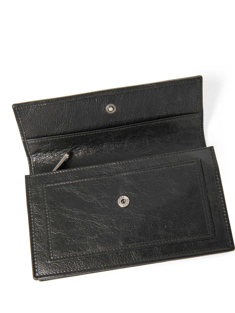 Gucci GG Logo Leather Flap Wallet Clutch Black Gold Silver-designer resale