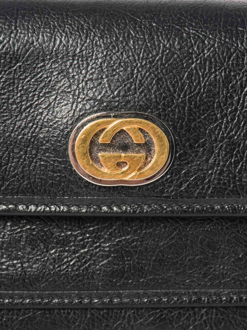 Gucci GG Logo Leather Flap Wallet Clutch Black Gold Silver-designer resale