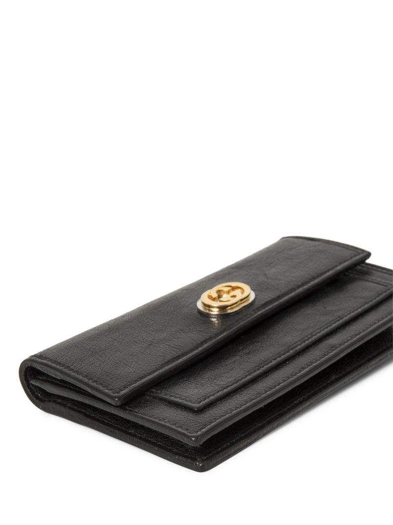 Gucci GG Logo Leather Flap Wallet Clutch Black Gold Silver-designer resale