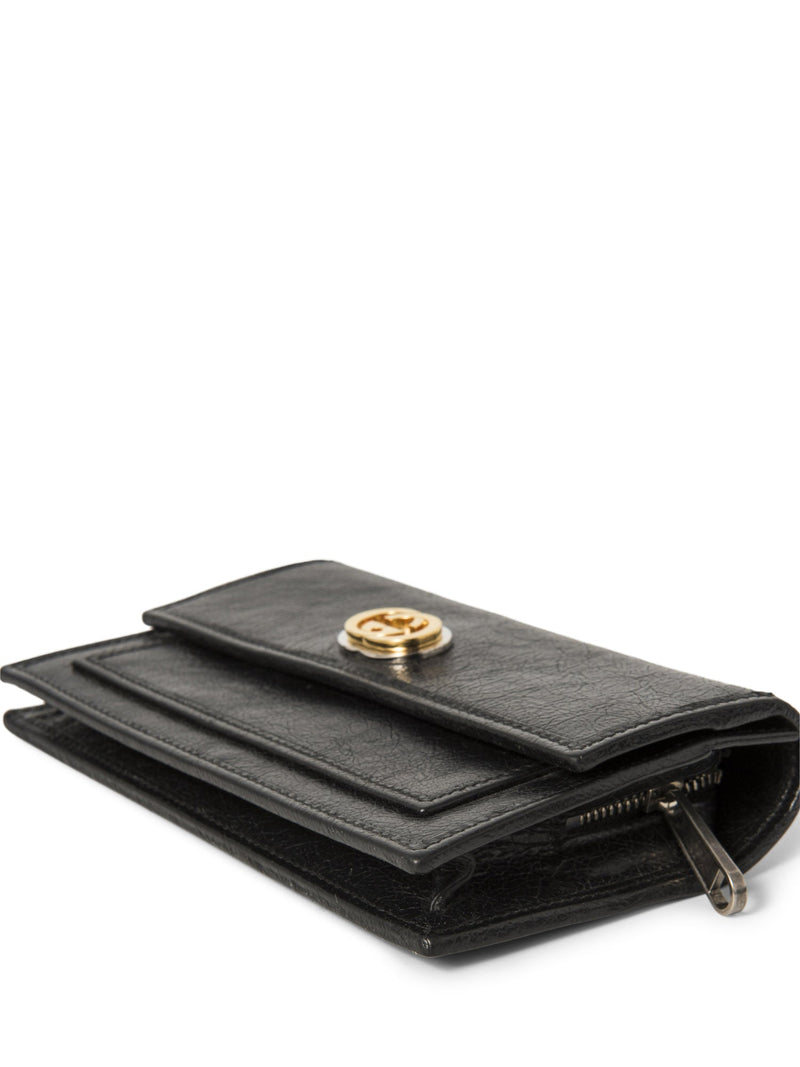 Gucci GG Logo Leather Flap Wallet Clutch Black Gold Silver-designer resale
