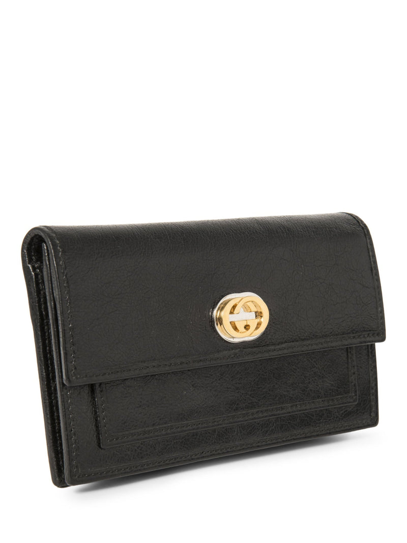 Gucci GG Logo Leather Flap Wallet Clutch Black Gold Silver-designer resale
