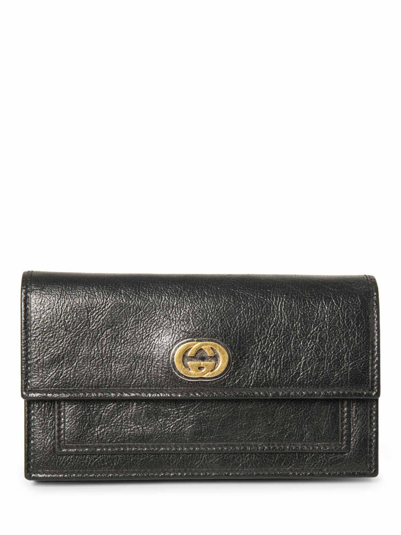 Gucci GG Logo Leather Flap Wallet Clutch Black Gold Silver-designer resale