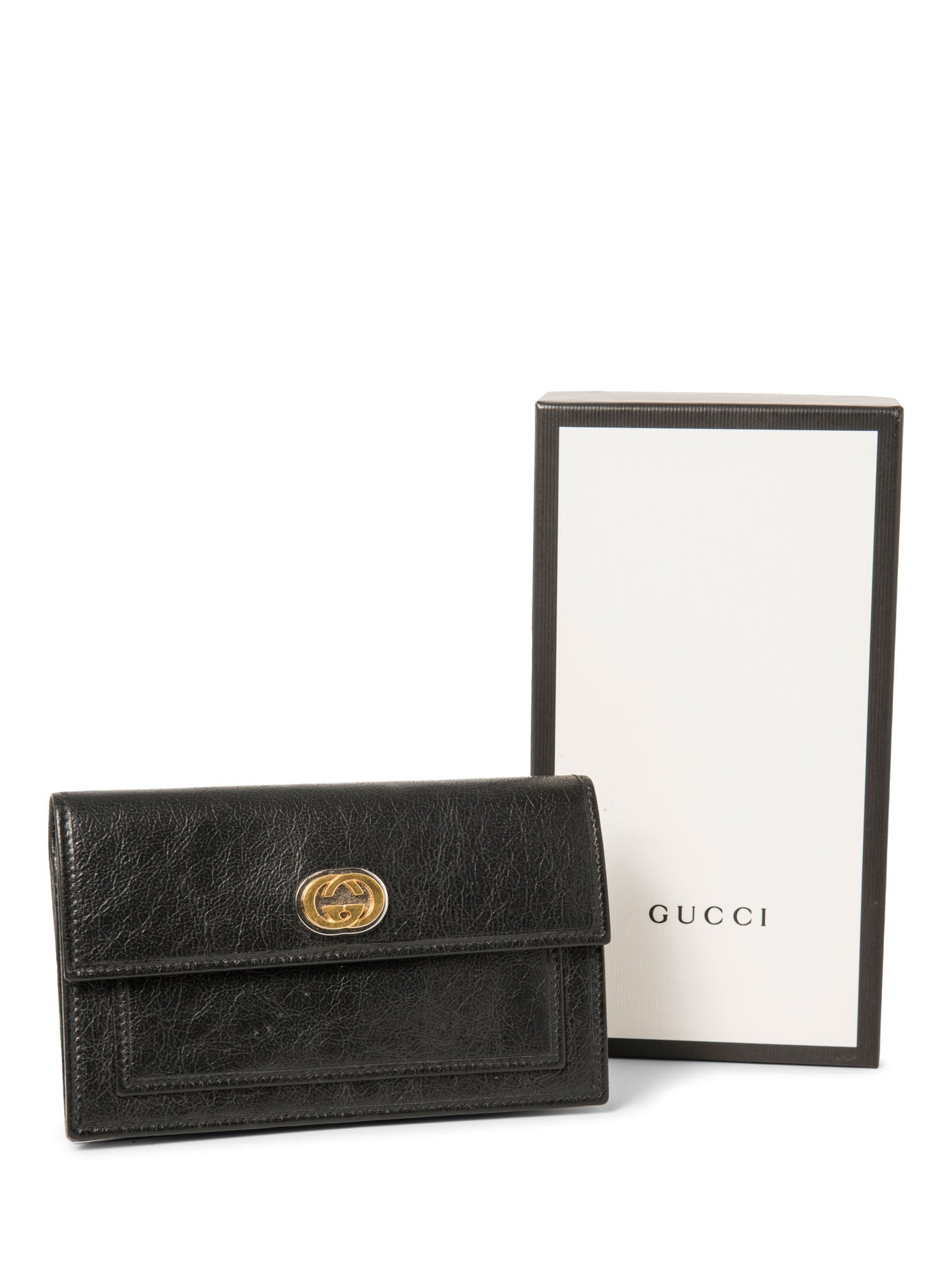 Gucci GG Logo Leather Flap Wallet Clutch Black Gold Silver-designer resale