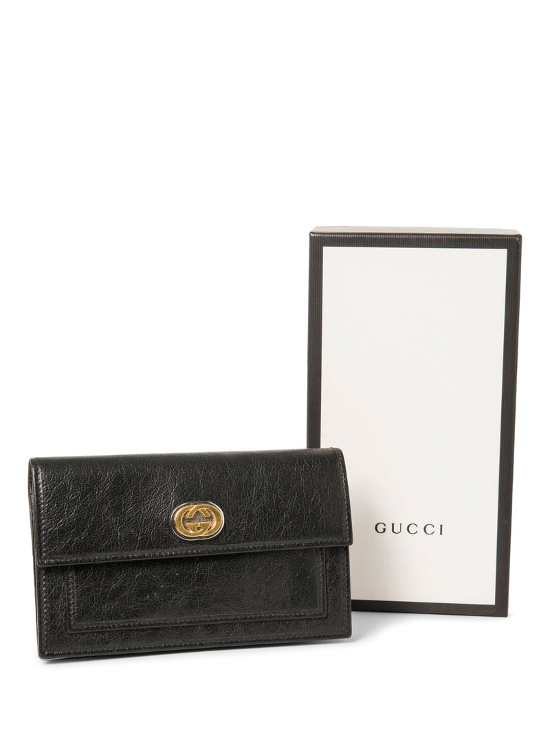 Gucci GG Logo Leather Flap Wallet Clutch Black Gold Silver-designer resale