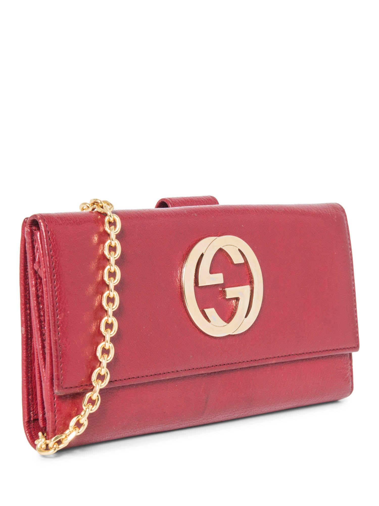 Gucci GG Logo Leather Flap Wallet on Chain Red