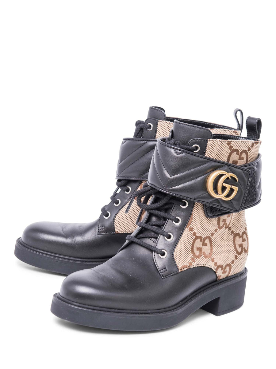 Gucci GG Logo Leather Marmont Moto Boots Black Brown
