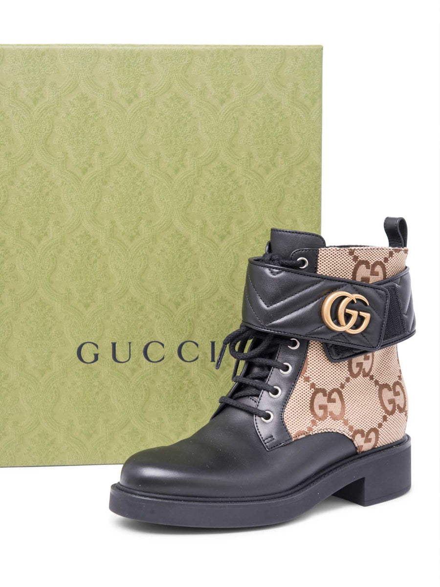 Gucci GG Logo Leather Marmont Moto Boots Black Brown