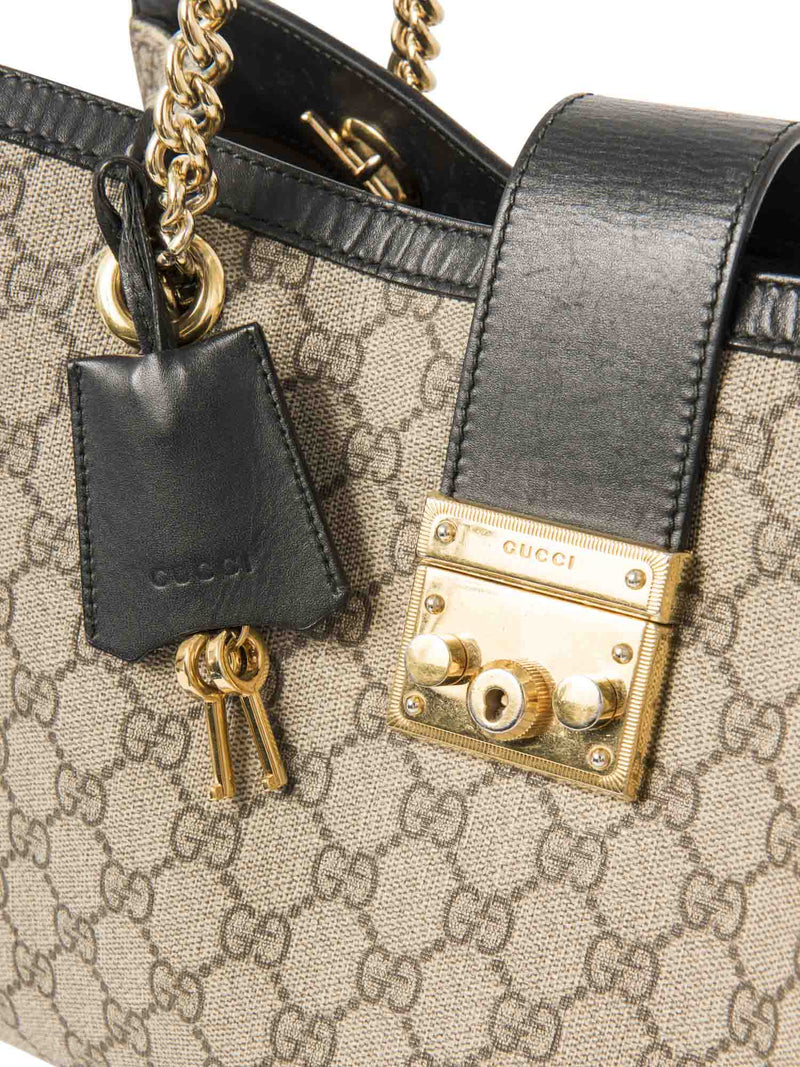 Gucci GG Logo Supreme Canvas Leather Padlock Tote Bag Brown Black Gold-designer resale