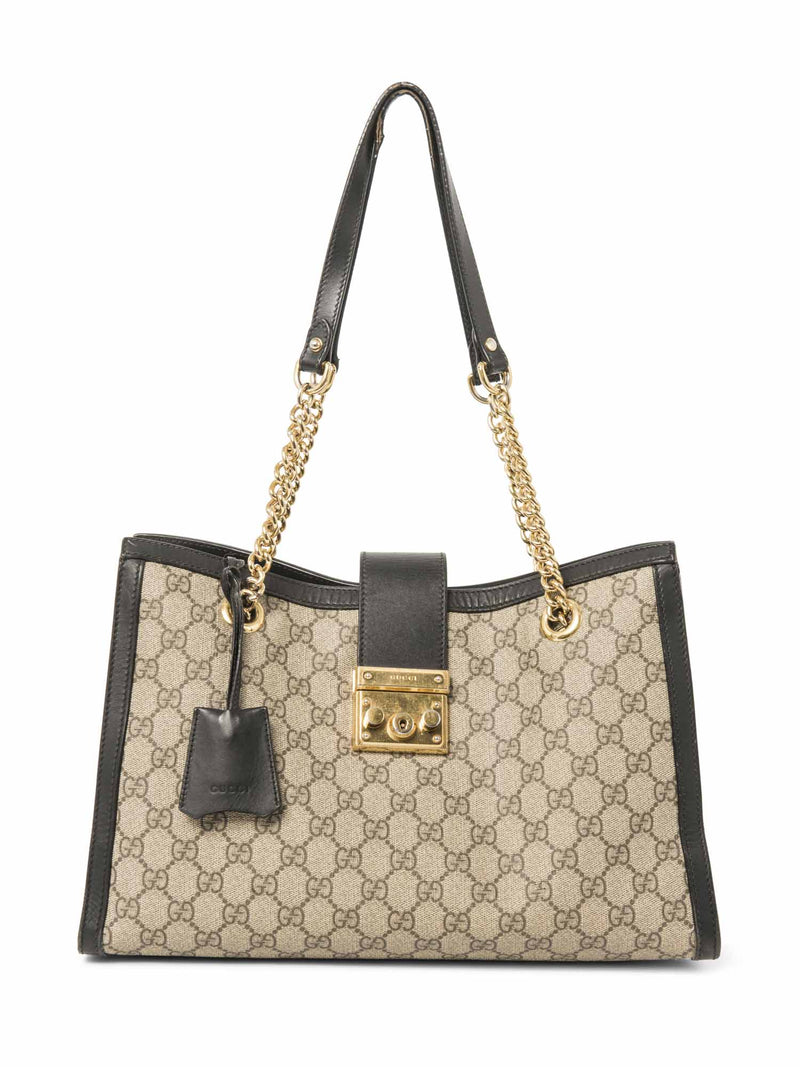 Gucci GG Logo Supreme Canvas Leather Padlock Tote Bag Brown Black Gold-designer resale