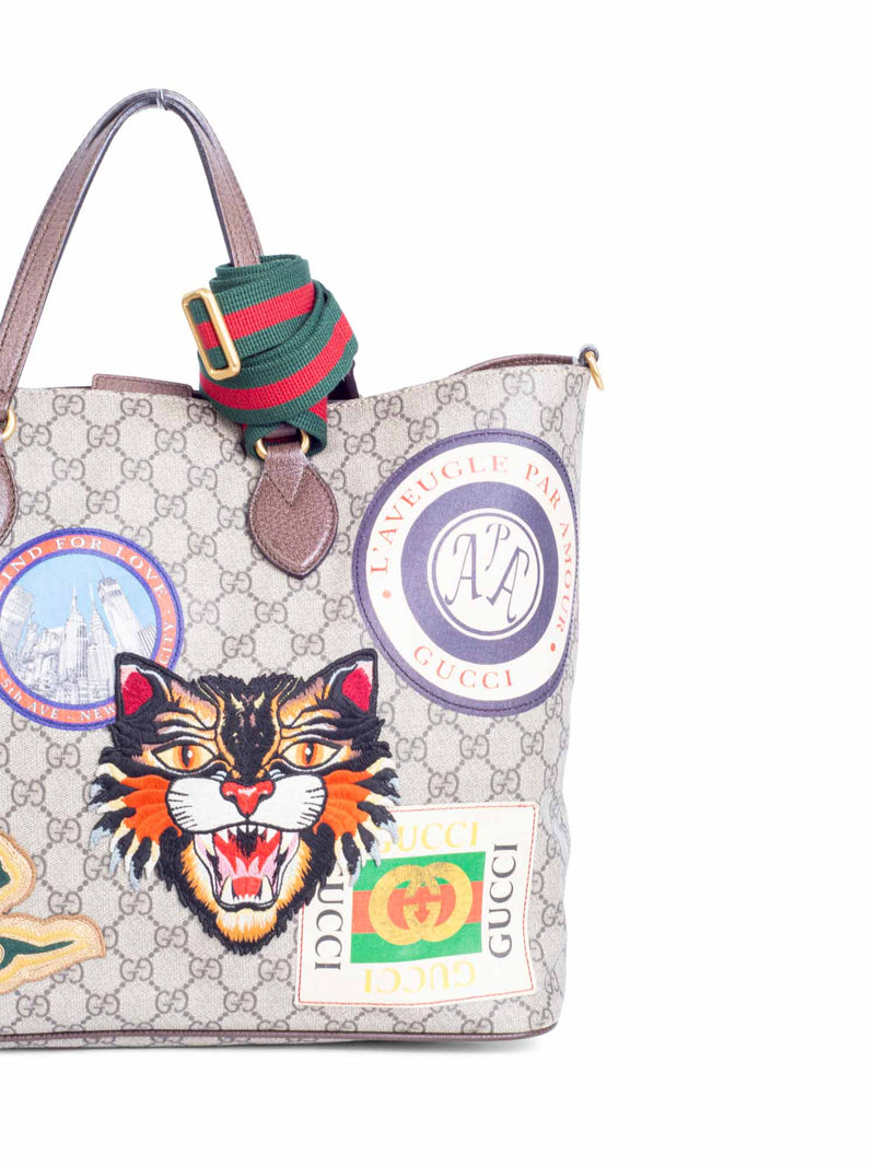 Gucci GG Supreme Patch Logo Tiger Tote Bag Brown-designer resale