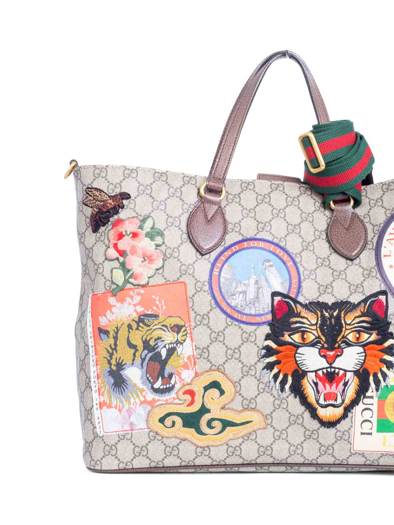 Gucci GG Supreme Patch Logo Tiger Tote Bag Brown-designer resale