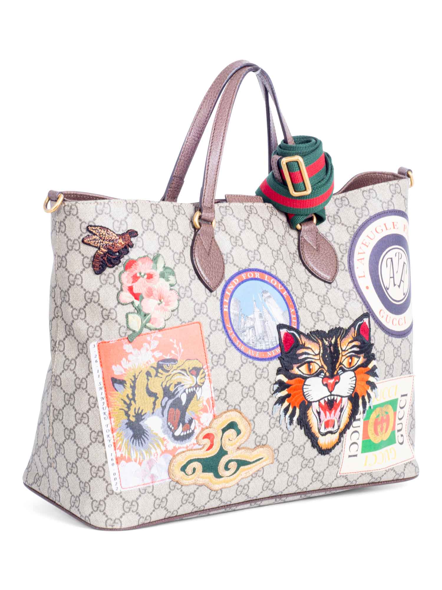 Gucci GG Supreme Patch Logo Tiger Tote Bag Brown-designer resale