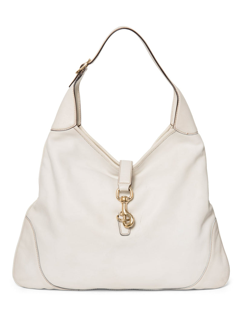 Gucci Leather Horsebit Large Jackie-O Hobo Bag White Gold-designer resale