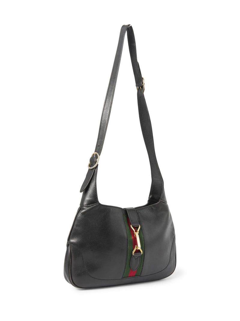 Gucci Leather Web Stripe Jackie O Messenger Bag Black-designer resale
