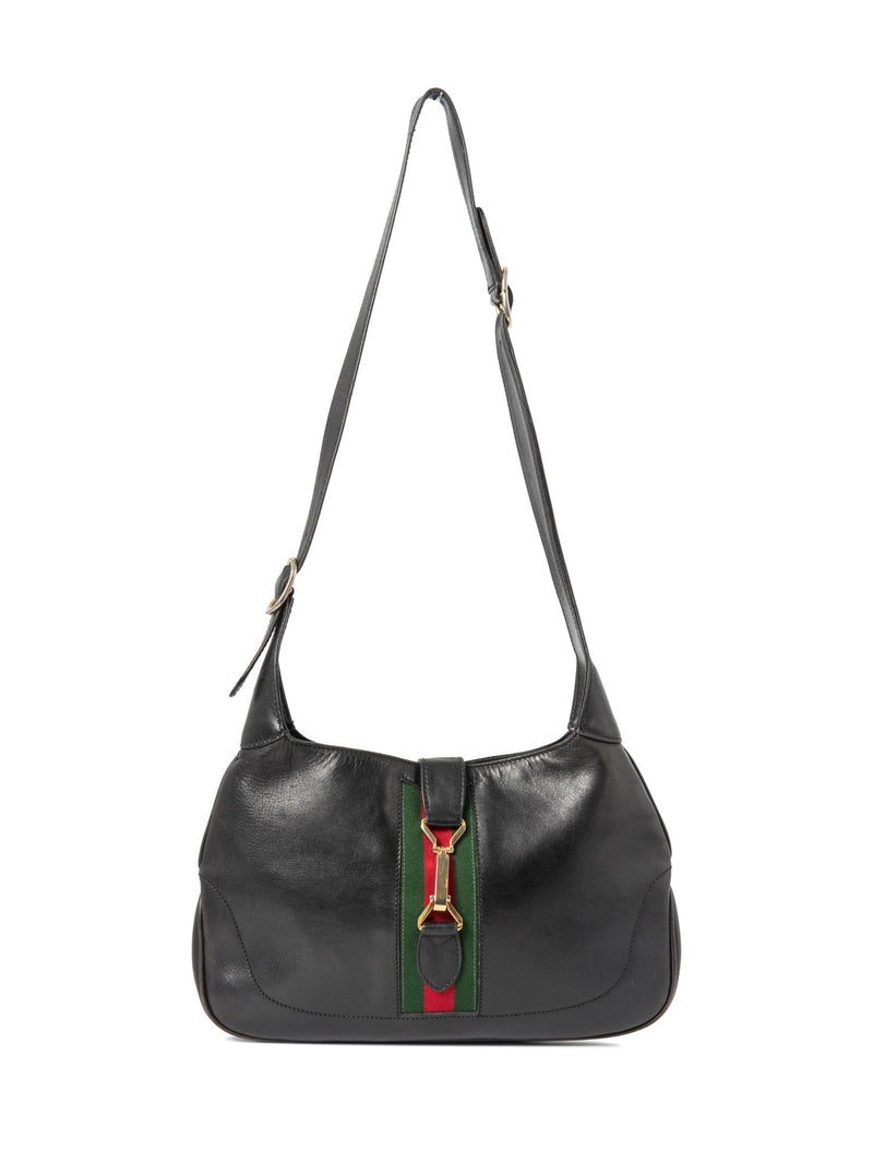 Gucci Leather Web Stripe Jackie O Messenger Bag Black-designer resale