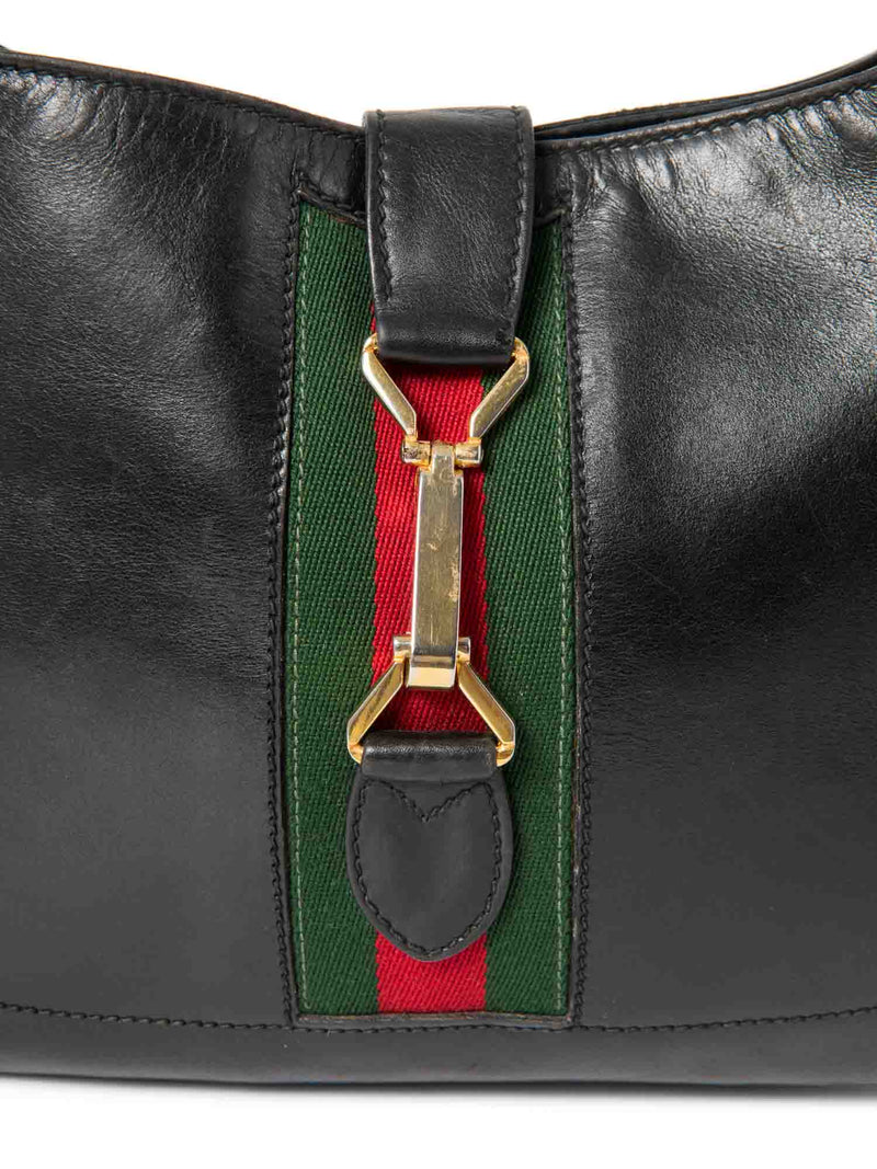 Gucci Leather Web Stripe Jackie O Messenger Bag Black-designer resale