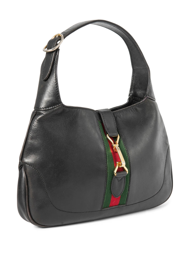 Gucci Leather Web Stripe Jackie O Messenger Bag Black-designer resale